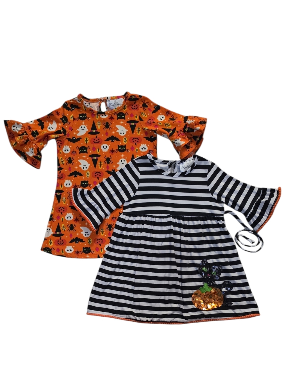Rare Editions Orange Halloween Ghosts & Black-White Stripe Cat Dress Set - 24M